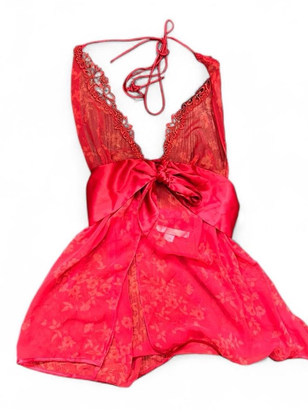 Victoria’s Secret Red Satin & Lace Halter Babydoll Chemise with Bow